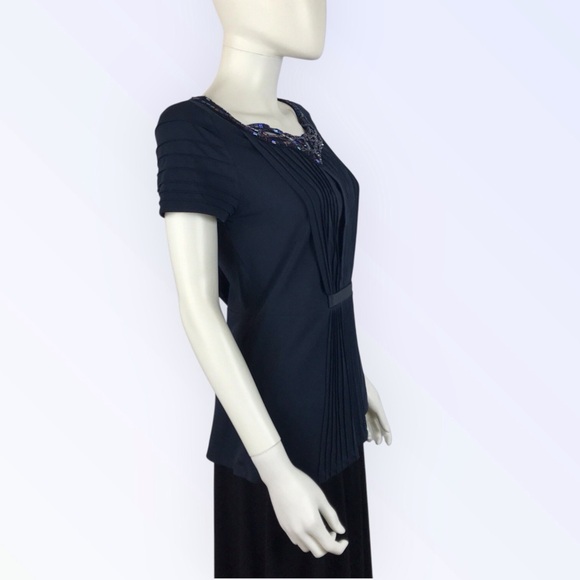 BCBGMaxAzria Navy Blue Beaded Blouse Multi-color Stretchy Short Sleeved Top - Picture 4 of 8